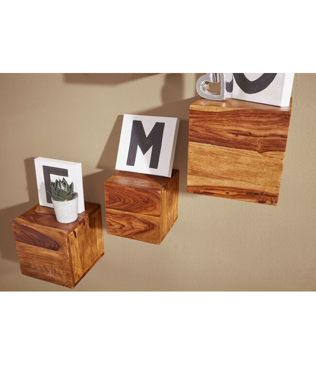 Wohnling set van 4 wandplanken MUMBAI massief houten sheesham houten plank landelijke stijl hangende plank 25cm en 20cm echt houten wandbord