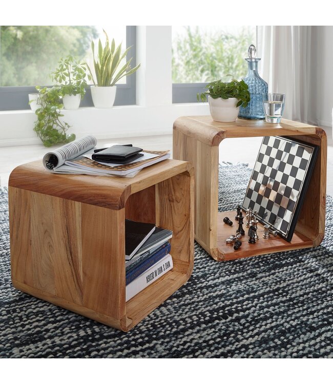 Wohnling set van 2 bijzettafels BOHA massief houten design salontafel acacia 2 tafels | Kubus Plankenset Bruin | Massieve salontafel | Bijzettafels hout landhuisstijl | Houten tafel woonkamer |