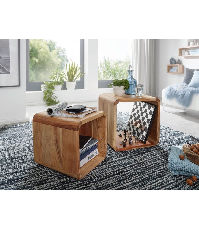 Wohnling set van 2 bijzettafels BOHA massief houten design salontafel acacia 2 tafels | Kubus Plankenset Bruin | Massieve salontafel | Bijzettafels hout landhuisstijl | Houten tafel woonkamer |