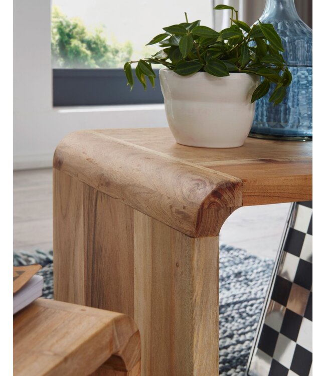 Wohnling set van 2 bijzettafels BOHA massief houten design salontafel acacia 2 tafels | Kubus Plankenset Bruin | Massieve salontafel | Bijzettafels hout landhuisstijl | Houten tafel woonkamer |