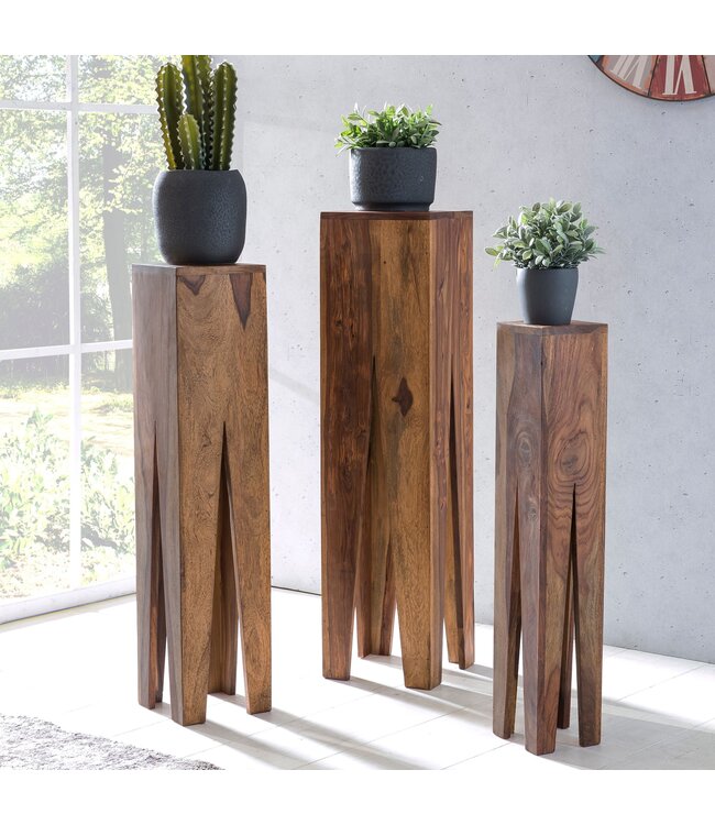 Wohnling bijzettafel set van 3 massief houten sheesham salontafel design kolommen landelijke stijl salontafel vierkant