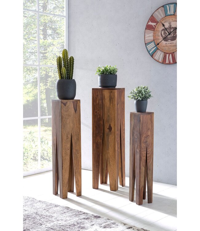 Wohnling bijzettafel set van 3 massief houten sheesham salontafel design kolommen landelijke stijl salontafel vierkant