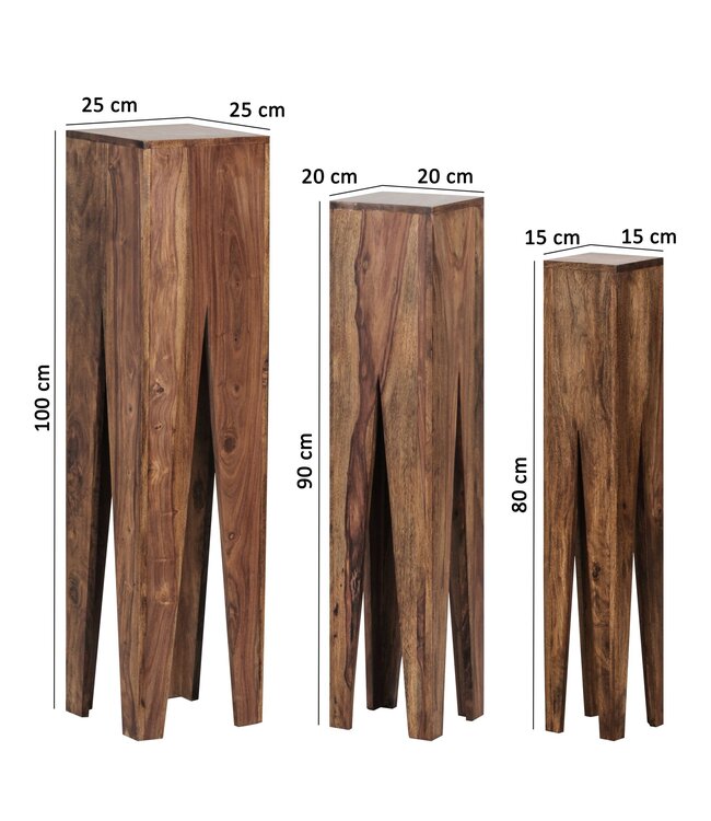 Wohnling bijzettafel set van 3 massief houten sheesham salontafel design kolommen landelijke stijl salontafel vierkant