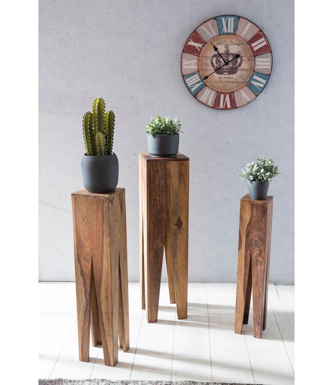Wohnling bijzettafel set van 3 massief houten sheesham salontafel design kolommen landelijke stijl salontafel vierkant