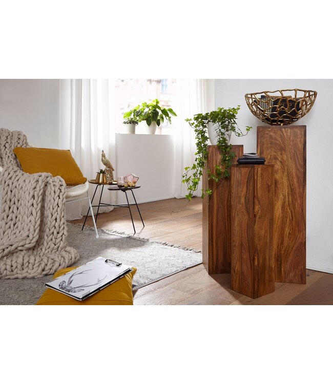 Wohnling bijzettafelset van 3 WL 1.566 massief hout 24,5x85x24,5 cm Sheesham-tafels | Houten tafel natuurproduct Echte houten bijzettafels Decoratieve kolommen | Drie houten tafels bruin | Bloembox hout Modern