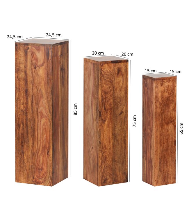 Wohnling bijzettafelset van 3 WL 1.566 massief hout 24,5x85x24,5 cm Sheesham-tafels | Houten tafel natuurproduct Echte houten bijzettafels Decoratieve kolommen | Drie houten tafels bruin | Bloembox hout Modern