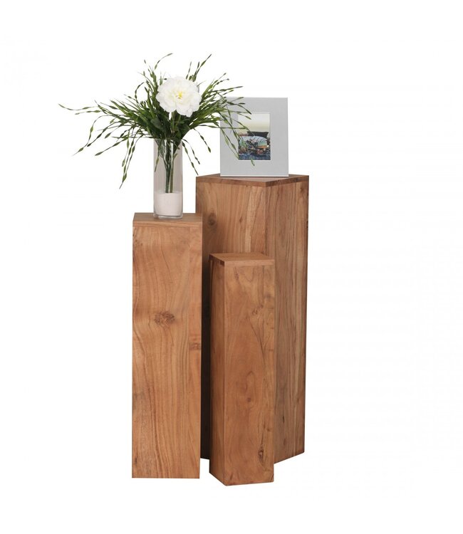 Wohnling bijzettafels set van 3 WL1.567 massief hout 24,5x85x24,5 cm Acacia tafels | Houten tafel natuurproduct Echte houten bijzettafels Decoratieve kolommen | Drie houten tafels bruin | Bloembox hout Modern