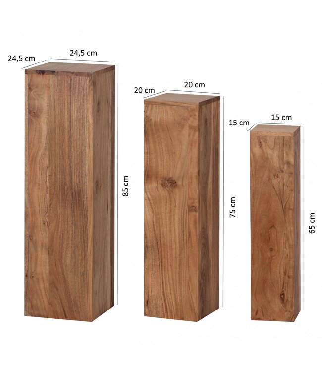 Wohnling bijzettafels set van 3 WL1.567 massief hout 24,5x85x24,5 cm Acacia tafels | Houten tafel natuurproduct Echte houten bijzettafels Decoratieve kolommen | Drie houten tafels bruin | Bloembox hout Modern