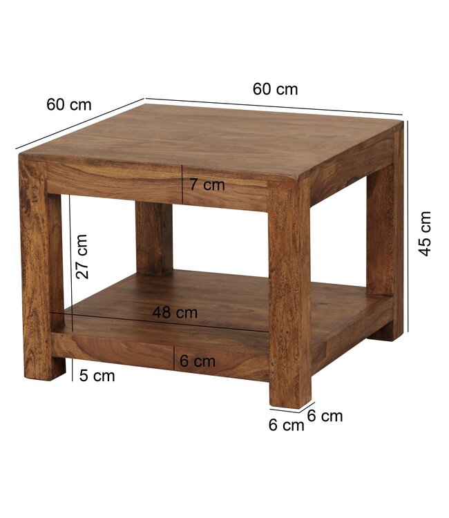 Wohnling salontafel MUMBAI massief hout Sheesham 60 x 60 cm salontafel design donkerbruin landelijke stijl bijzettafel