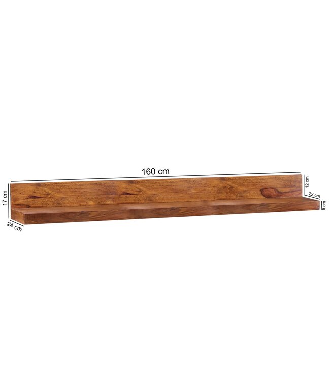 Wohnling wandplank MUMBAI massief hout sheesham houten plank 160 cm landelijke stijl hangende plank echt houten wandplank natuurlijk product