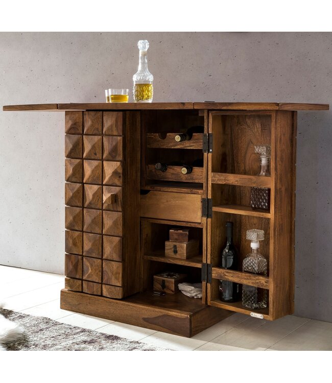 Wohnling thuisbar Sheesham massief hout 65x91x50 cm wijnbar opvouwbaar, kleine bar modern, barkast met deuren, drankkast met opbergruimte voor flessen en glazen
