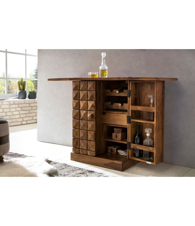 Wohnling thuisbar Sheesham massief hout 65x91x50 cm wijnbar opvouwbaar, kleine bar modern, barkast met deuren, drankkast met opbergruimte voor flessen en glazen