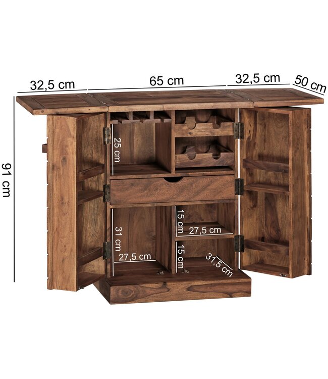 Wohnling thuisbar Sheesham massief hout 65x91x50 cm wijnbar opvouwbaar, kleine bar modern, barkast met deuren, drankkast met opbergruimte voor flessen en glazen
