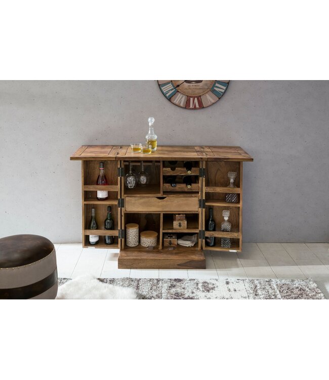 Wohnling thuisbar Sheesham massief hout 65x91x50 cm wijnbar opvouwbaar, kleine bar modern, barkast met deuren, drankkast met opbergruimte voor flessen en glazen