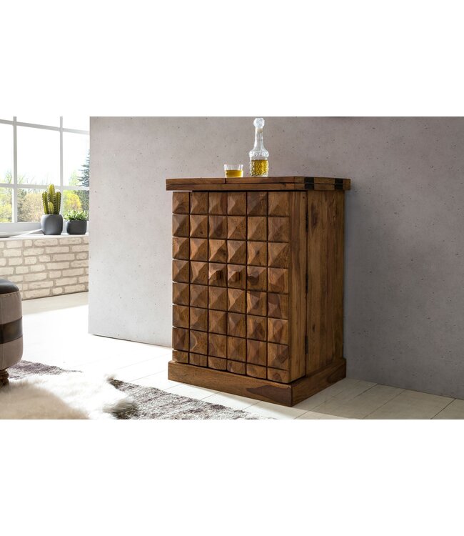 Wohnling thuisbar Sheesham massief hout 65x91x50 cm wijnbar opvouwbaar, kleine bar modern, barkast met deuren, drankkast met opbergruimte voor flessen en glazen