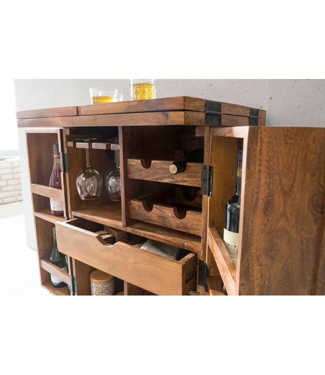Wohnling thuisbar Sheesham massief hout 65x91x50 cm wijnbar opvouwbaar, kleine bar modern, barkast met deuren, drankkast met opbergruimte voor flessen en glazen