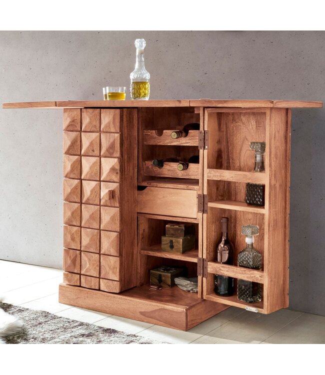 Wohnling thuisbar acacia massief hout 65x91x50 cm wijnbar opvouwbaar, kleine bar modern, barkast met deuren, drankkast met opbergruimte voor flessen en glazen