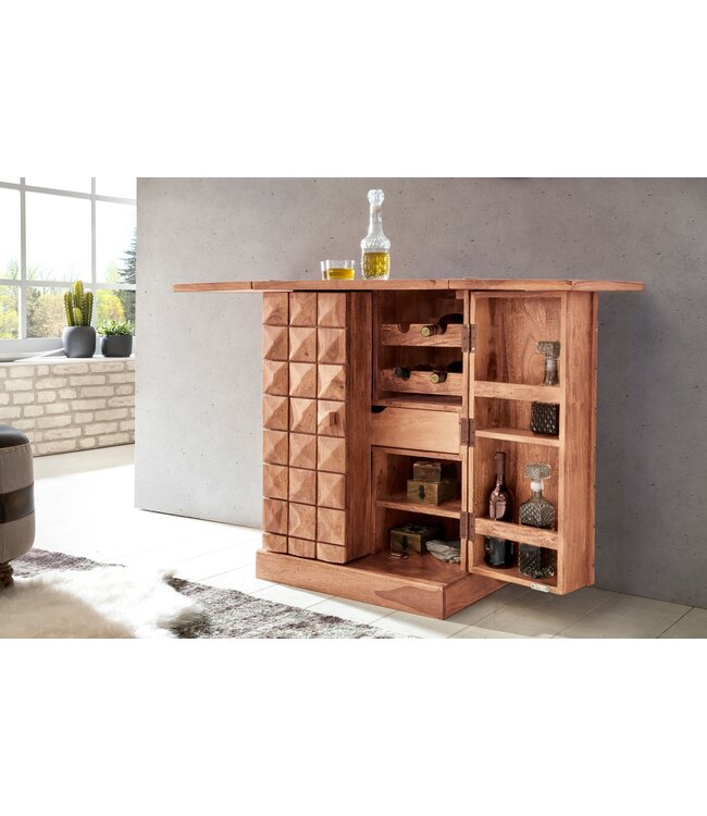 Wohnling thuisbar acacia massief hout 65x91x50 cm wijnbar opvouwbaar, kleine bar modern, barkast met deuren, drankkast met opbergruimte voor flessen en glazen