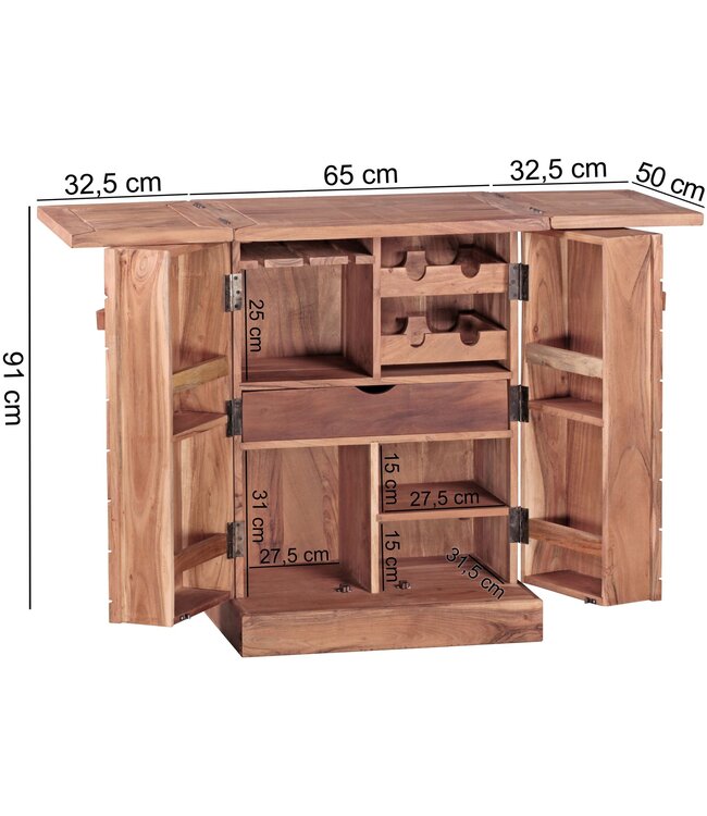 Wohnling thuisbar acacia massief hout 65x91x50 cm wijnbar opvouwbaar, kleine bar modern, barkast met deuren, drankkast met opbergruimte voor flessen en glazen
