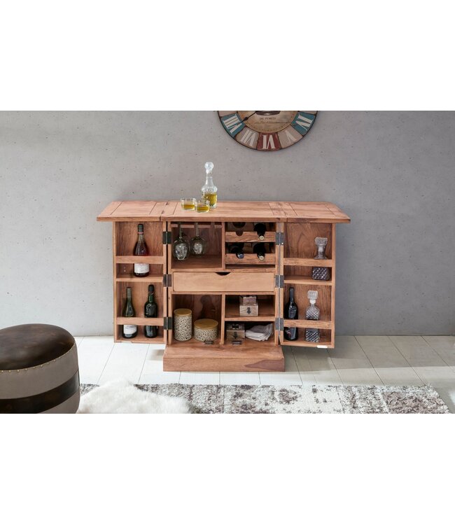 Wohnling thuisbar acacia massief hout 65x91x50 cm wijnbar opvouwbaar, kleine bar modern, barkast met deuren, drankkast met opbergruimte voor flessen en glazen