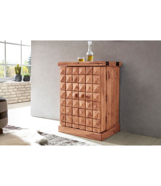 Wohnling thuisbar acacia massief hout 65x91x50 cm wijnbar opvouwbaar, kleine bar modern, barkast met deuren, drankkast met opbergruimte voor flessen en glazen