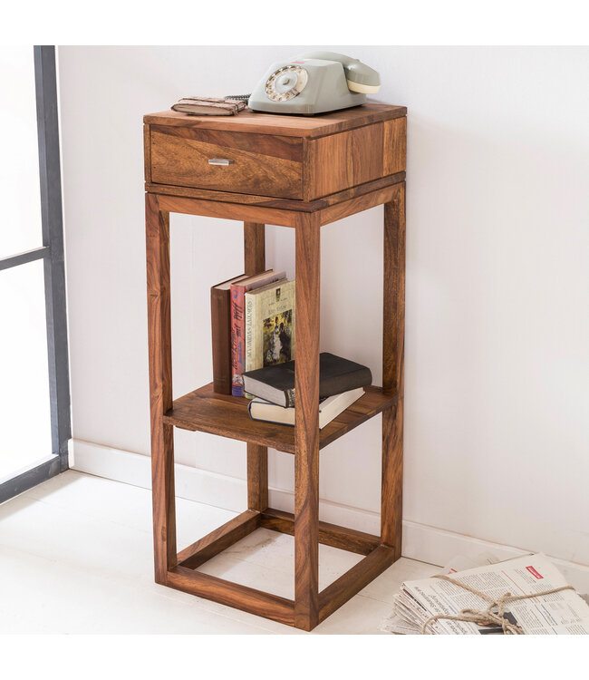 Wohnling bijzettafel MUMBAI massief houten sheesham bijzettafel telefoontafel met lade 35 x 35 x 90 cm