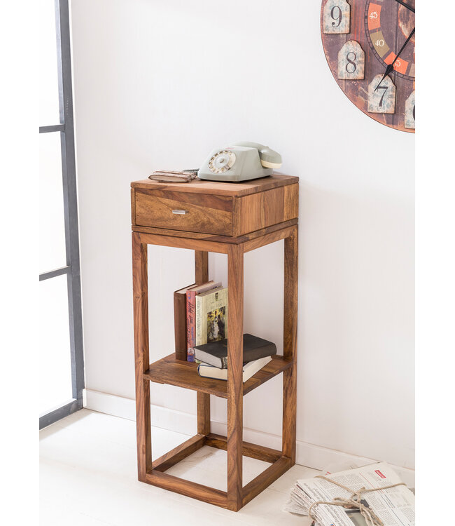 Wohnling bijzettafel MUMBAI massief houten sheesham bijzettafel telefoontafel met lade 35 x 35 x 90 cm