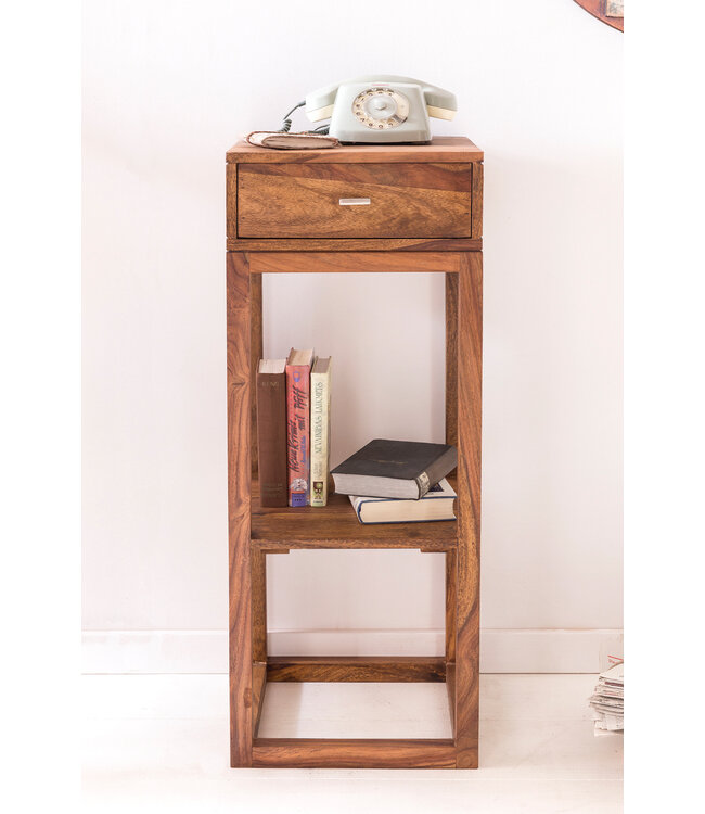 Wohnling bijzettafel MUMBAI massief houten sheesham bijzettafel telefoontafel met lade 35 x 35 x 90 cm