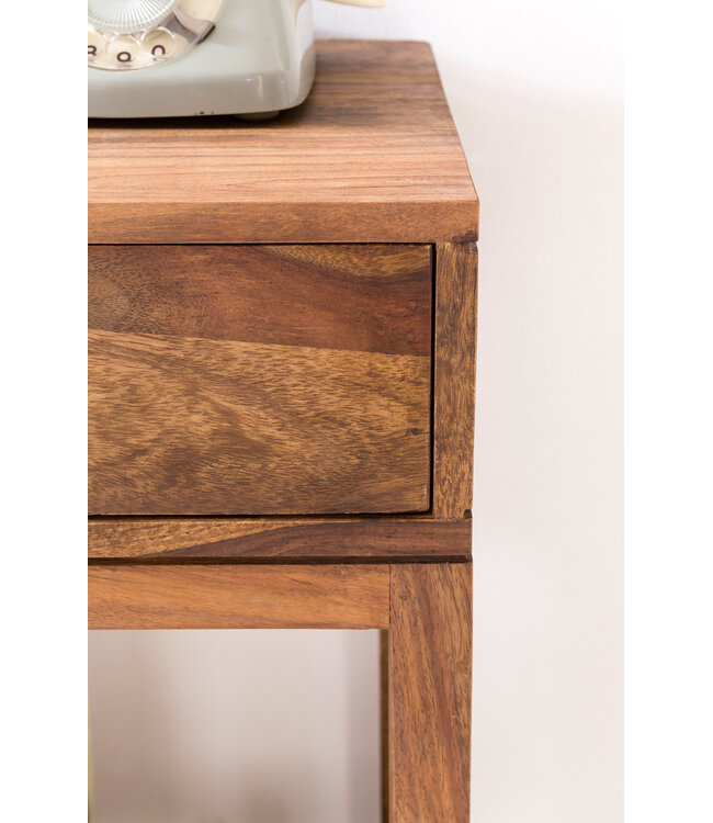 Wohnling bijzettafel MUMBAI massief houten sheesham bijzettafel telefoontafel met lade 35 x 35 x 90 cm