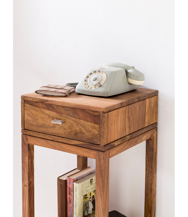 Wohnling bijzettafel MUMBAI massief houten sheesham bijzettafel telefoontafel met lade 35 x 35 x 90 cm