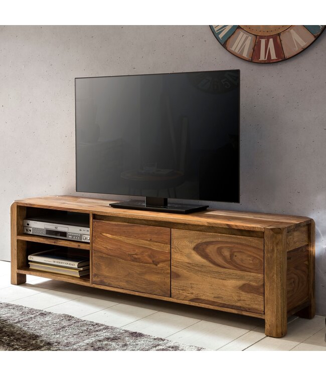 Wohnling Lowboard hardhout sheesham Borst 140cm TV boord opbergvakken landelijke stijl kabinet 40 cm TV-meubel