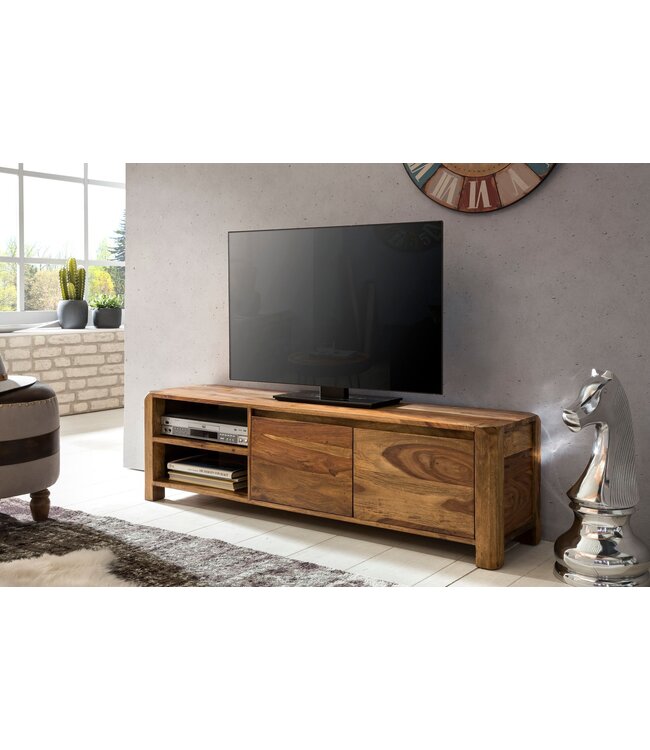 Wohnling Lowboard hardhout sheesham Borst 140cm TV boord opbergvakken landelijke stijl kabinet 40 cm TV-meubel