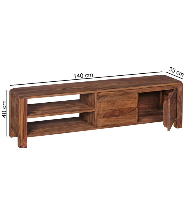 Wohnling Lowboard hardhout sheesham Borst 140cm TV boord opbergvakken landelijke stijl kabinet 40 cm TV-meubel