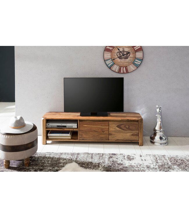 Wohnling Lowboard hardhout sheesham Borst 140cm TV boord opbergvakken landelijke stijl kabinet 40 cm TV-meubel