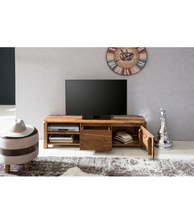 Wohnling Lowboard hardhout sheesham Borst 140cm TV boord opbergvakken landelijke stijl kabinet 40 cm TV-meubel