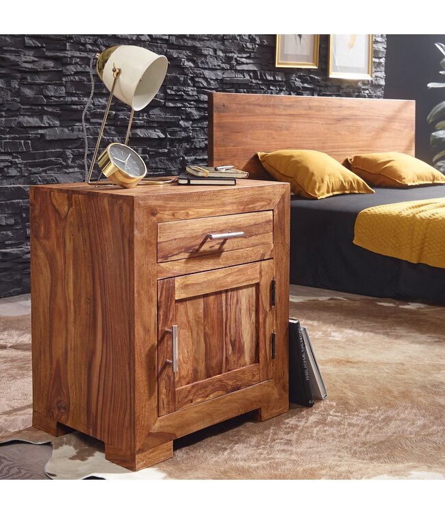 Wohnling nachtkastje MUMBAI massief houten sheesham design nachtkastje 60 cm met lade en deur nachtkastje voor boxspring bed