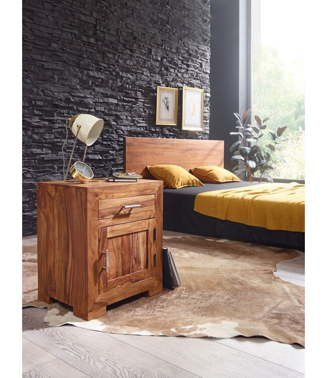 Wohnling nachtkastje MUMBAI massief houten sheesham design nachtkastje 60 cm met lade en deur nachtkastje voor boxspring bed