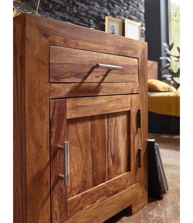 Wohnling nachtkastje MUMBAI massief houten sheesham design nachtkastje 60 cm met lade en deur nachtkastje voor boxspring bed