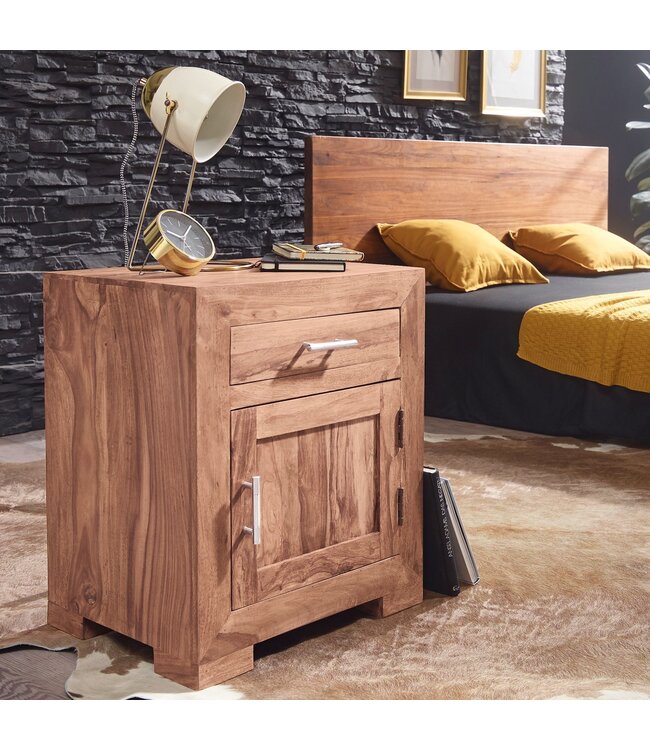 Wohnling nachtkastje MUMBAI massief houten acacia design nachtkastje 60 cm met lade en deur nachtkastje voor boxspring bed