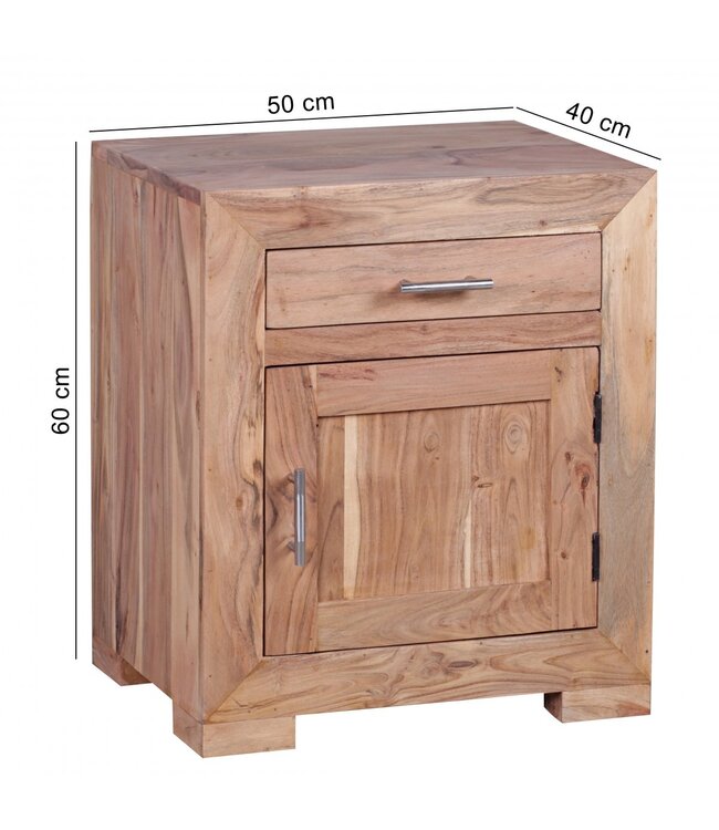 Wohnling nachtkastje MUMBAI massief houten acacia design nachtkastje 60 cm met lade en deur nachtkastje voor boxspring bed