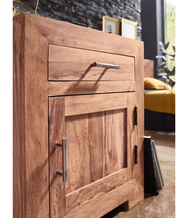 Wohnling nachtkastje MUMBAI massief houten acacia design nachtkastje 60 cm met lade en deur nachtkastje voor boxspring bed