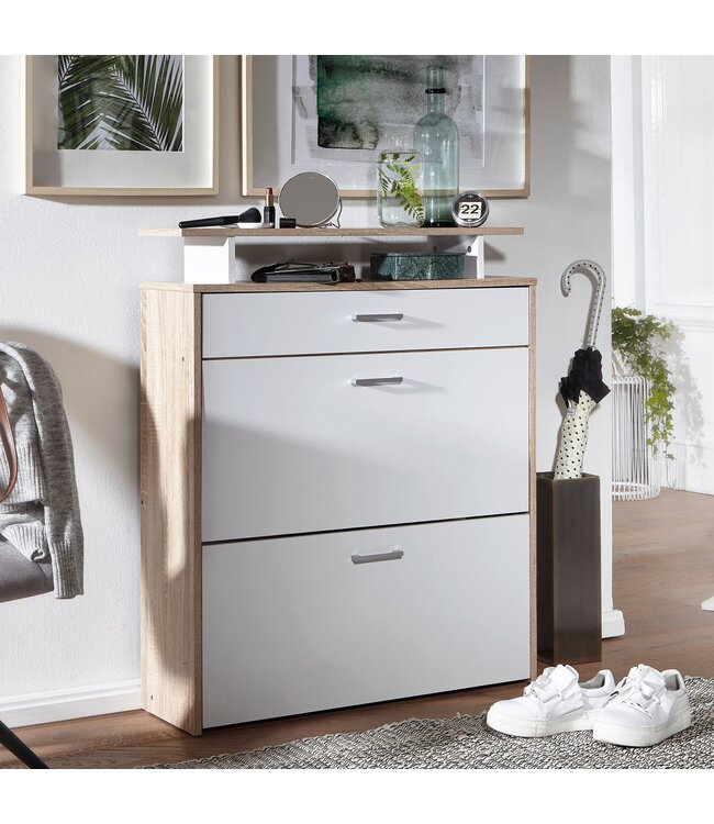 Wohnling schoenenrek hout 80x95x24 cm modern Sonoma eiken | Design schoenenrek schoenenkipper smal | Schoenenkast schoenenopberger met lade | Hal kast schoenenrek plank