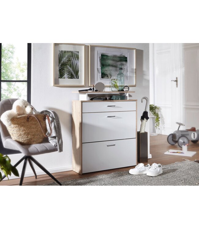 Wohnling schoenenrek hout 80x95x24 cm modern Sonoma eiken | Design schoenenrek schoenenkipper smal | Schoenenkast schoenenopberger met lade | Hal kast schoenenrek plank