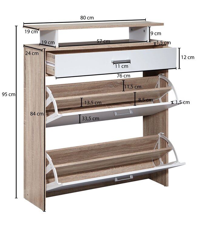 Wohnling schoenenrek hout 80x95x24 cm modern Sonoma eiken | Design schoenenrek schoenenkipper smal | Schoenenkast schoenenopberger met lade | Hal kast schoenenrek plank