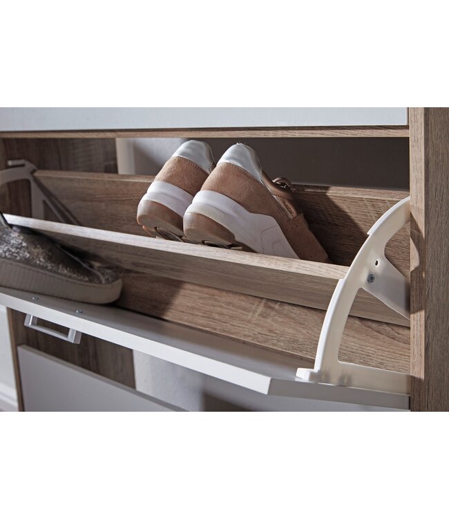 Wohnling schoenenrek hout 80x95x24 cm modern Sonoma eiken | Design schoenenrek schoenenkipper smal | Schoenenkast schoenenopberger met lade | Hal kast schoenenrek plank