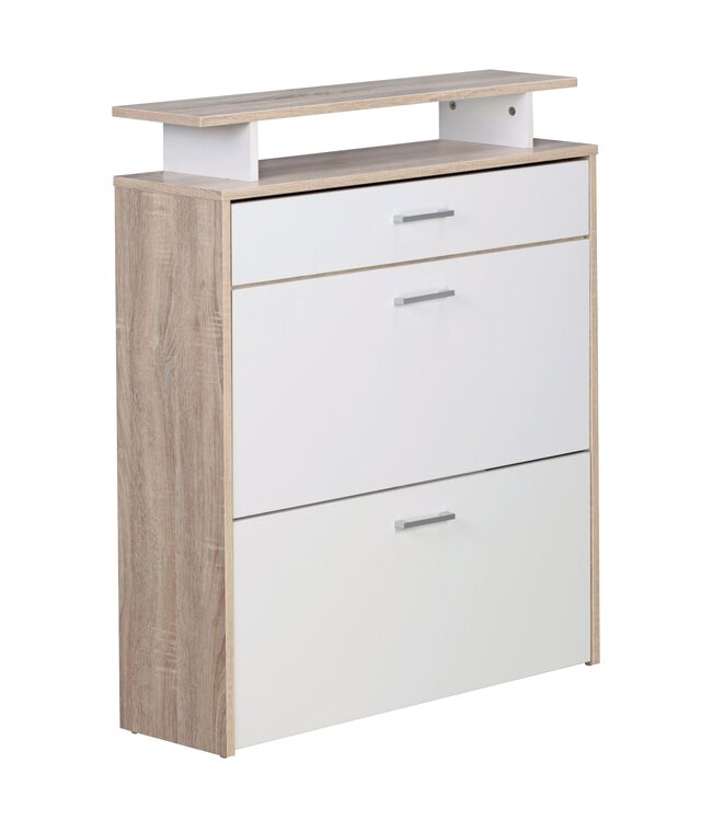 Wohnling schoenenrek hout 80x95x24 cm modern Sonoma eiken | Design schoenenrek schoenenkipper smal | Schoenenkast schoenenopberger met lade | Hal kast schoenenrek plank