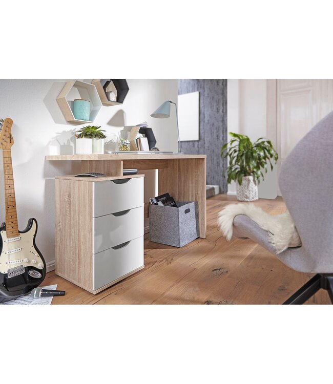 Wohnling bureau MASSA 120 x 76 x 53 cm met 3 lades in Sonoma wit | Computerbureau modern voor tieners | Ruimtebesparende laptoptafel met plank