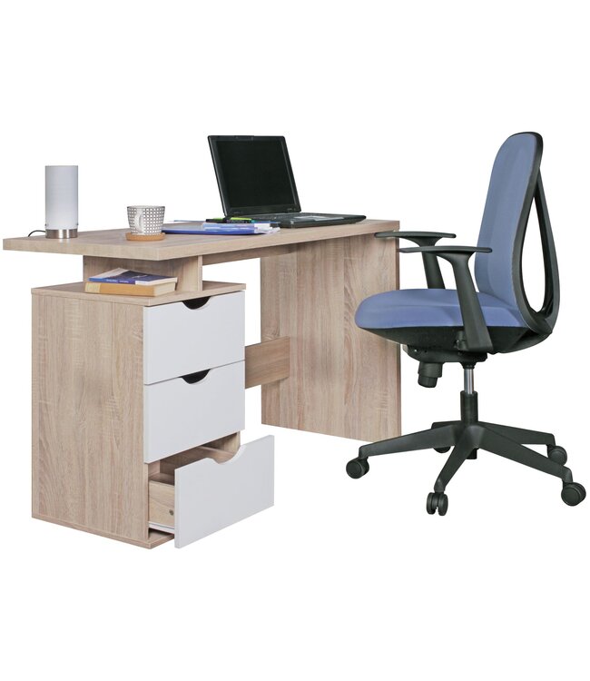 Wohnling bureau MASSA 120 x 76 x 53 cm met 3 lades in Sonoma wit | Computerbureau modern voor tieners | Ruimtebesparende laptoptafel met plank
