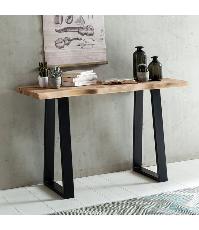 Wohnling Console tafel GAYA massief acaciahout, bureau 120 cm breed in landelijke stijl, make-uptafel met design, secretaire met 2 metalen poten, echt houten console met boomrand, tafelconsole