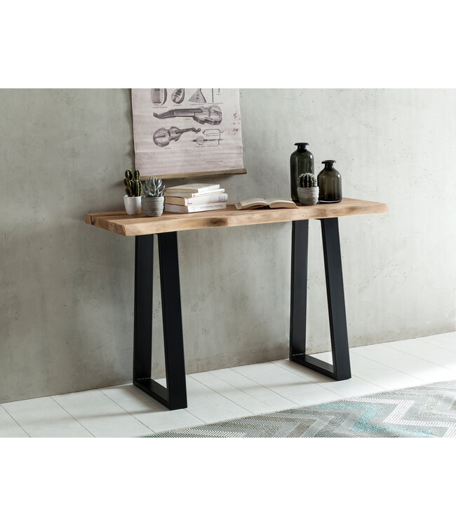 Wohnling Console tafel GAYA massief acaciahout, bureau 120 cm breed in landelijke stijl, make-uptafel met design, secretaire met 2 metalen poten, echt houten console met boomrand, tafelconsole
